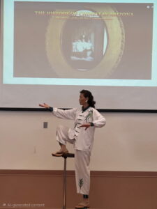 Tai Chi practitioner balancing on stool indoors