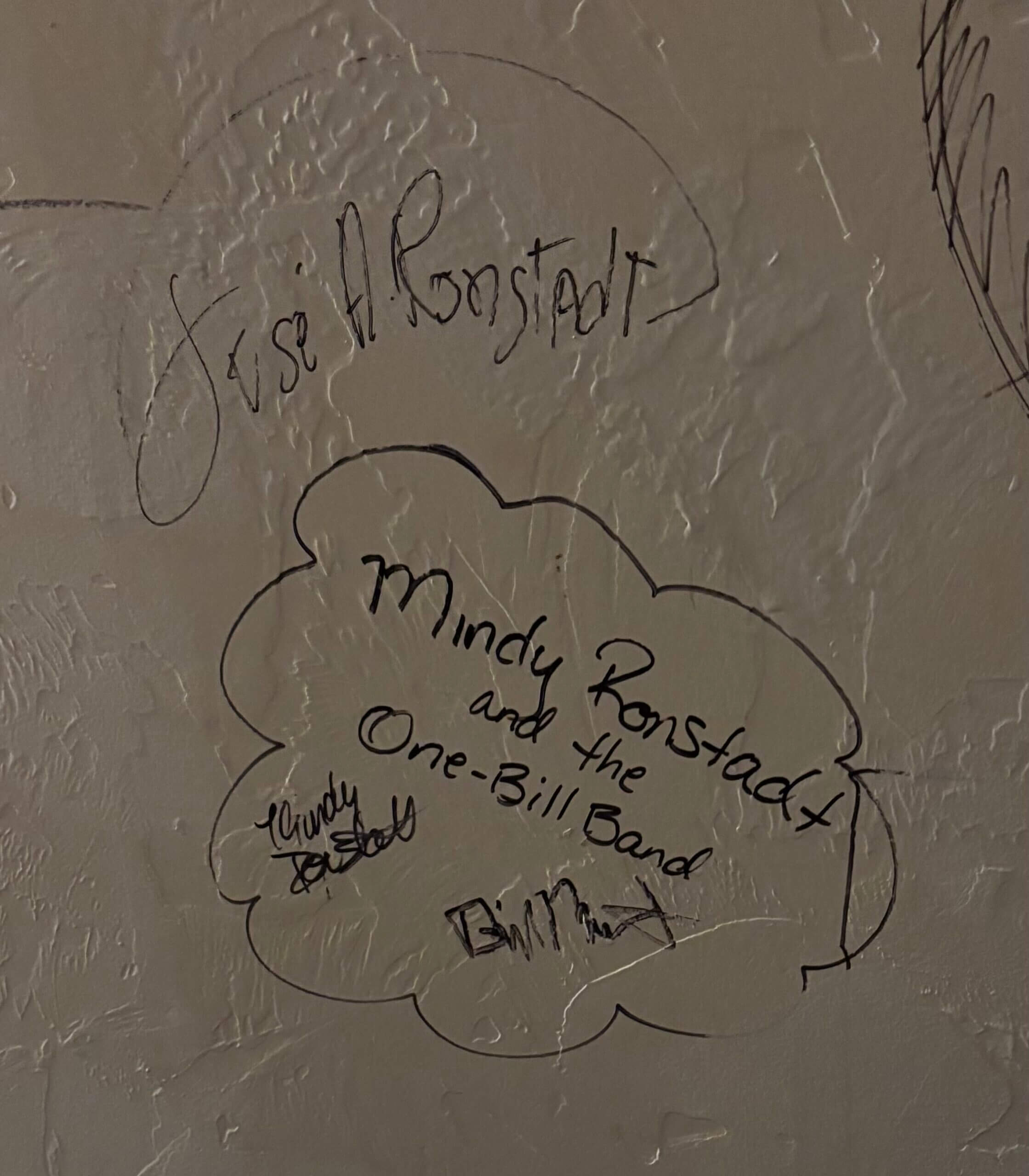 Handwritten signatures and doodle on textured wall