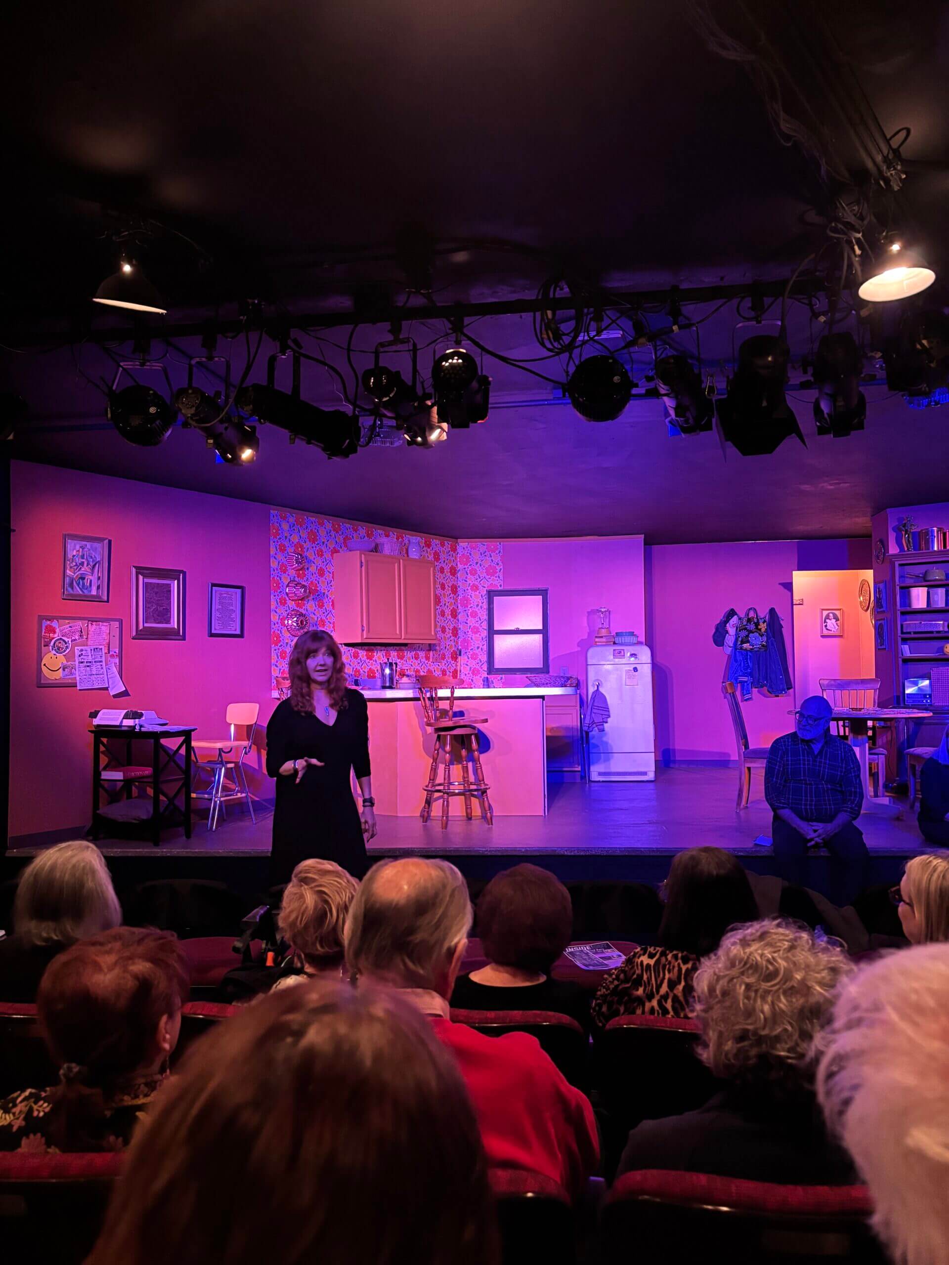 Performer addressing audience on colorful kitchen set